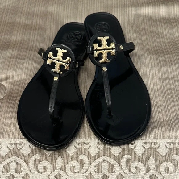 Tory Burch Black Sandals with Gold Emblem - Picture 1 of 5